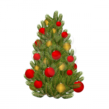 Christmas tree and toys. Decorated Christmas tree for  holiday. Red and gold ornament balls. Tree for Christmas.
