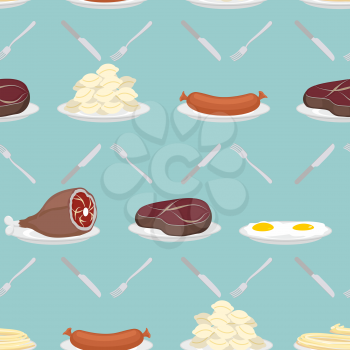 Food from meat seamless pattern. Ham and steak. Scrambled eggs and pasta. Food on plate. Sausage and dumplings. Cutlery: knife and fork. Vector background