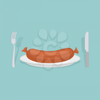 Sausage on a plate. Cutlery: knife and fork. Meat delicacy. Vector illustration food.