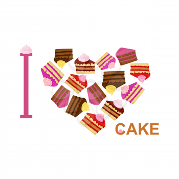 I love cake. Symbol heart of  pieces of cake. Vector illustration for  sweet tooth.
