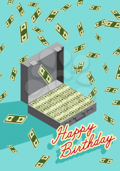 Happy Birthday. Falling money. Case of money. Wealth. Congratulations greeting card. vector illustration.