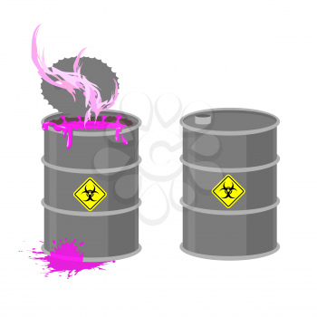 Barrel with Biohazard. Grey barrel with pink radioactive liquid. Chemical waste from production. Vector illustration open container.