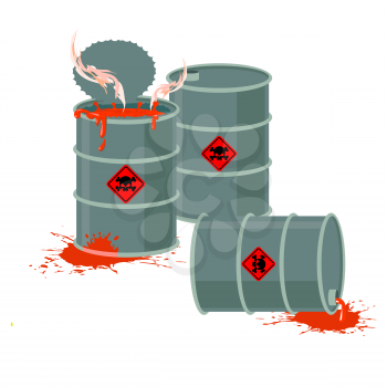Barrels of Red acid. Hazardous chemical waste. Vector illustration containers with toxic liquid
