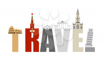 Travel Attractions and letters. Structure of  various States and countries: Russia and Italy, Germany and UAE. Vector illustration of world Landmarks.