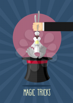 Magic trick. Magician holding rabbit by ears. Rabbit in hat magician. Poster for circus performances. Vector illustration
