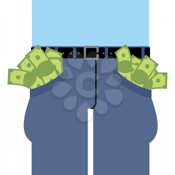 Pockets many money. Jeans full of cash. Rich man in pants. Dollars are not placed in clothes. Banknotes out of pants.