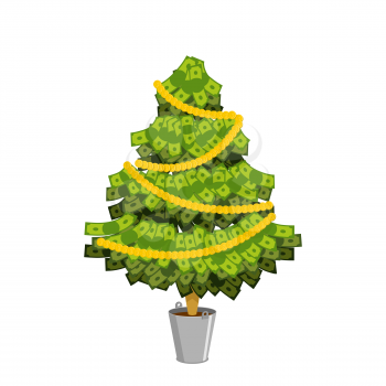 Money Tree. Christmas tree from dollar. Leaves from currency banknotes. Tree of cash. Financial tree with decoration of coins.
