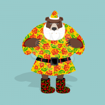  Russian bear in guise of snata Claus. Wild animal in Christmas attire. New years character. Russian national texture.
