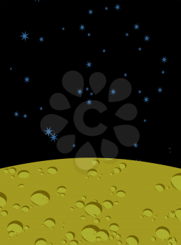 Moon landscape in space. Yellow surface of  planet. Black Cosmos with stars. Vector illustration
