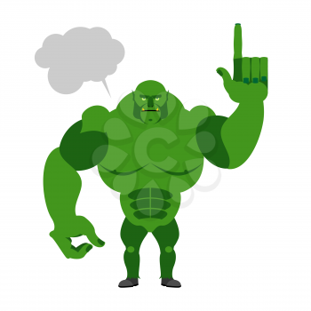 Green Goblin with a text bubble. Finger shows up. Big and powerful monster on a white background
