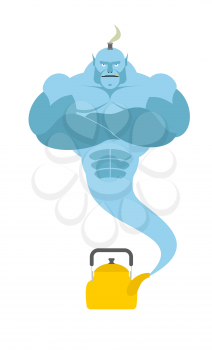 Genie from  kettle. Blue Magic spirit fulfills desires. Vector illustration
