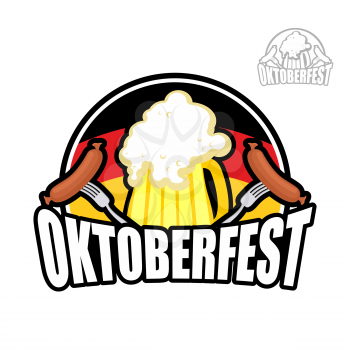 Beer Festival Oktoberfest in Germany. Beer mug on background of German flag. And sausage with fork. Vector illustration for a holiday