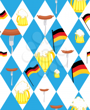 Oktoberfest background. Mug of beer and sausage, German flag - seamless pattern of blue rhombuses. Vector ornament Holiday beer