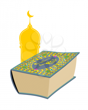 Quran. Sacred book of Muslims. Big thick book and mosque. Text on  book in Arabic Qur'an. Vector illustration religion theme.