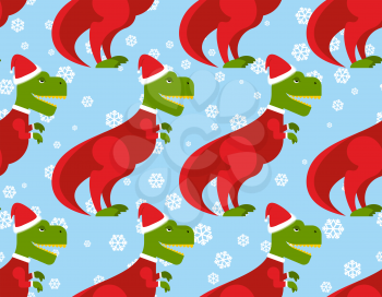 T-Rex Santa Claus seamless pattern. Christmas dinosaur backdrop. Ancient Creeper dressed  Santa Claus. New Year festive texture.
