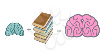 Brain and books. Use reading to mind. A stack of books. Vector illustration
