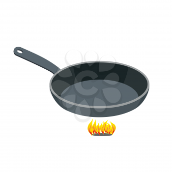 Pan on white background. Empty Iron frying pan on high heat. Kitchen utensils for frying food.
