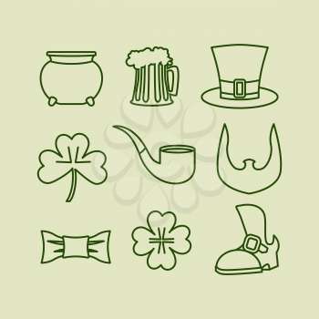  Patricks day icons set Linear symbols for Irish holiday. Leprechaun hat. Beard and clover. Four listnyj for lucky clover. Old shoe and tie butterfly
