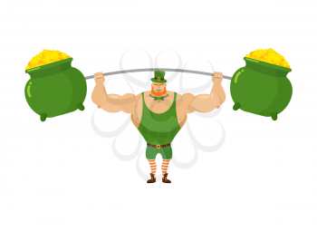 Strong leprechaun holds barbell and  pot of full gold. Sports for Santa with Red Beard. Wealth of gold coins to impose for rod. Powerful leprechaun in green sports suit. character for St. Patrick's da