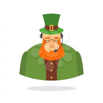 Saint Patrick call center. leprechaun and headset. Leprechaun responds to phone calls. Customer service from back support. St. Patrick's day call center
