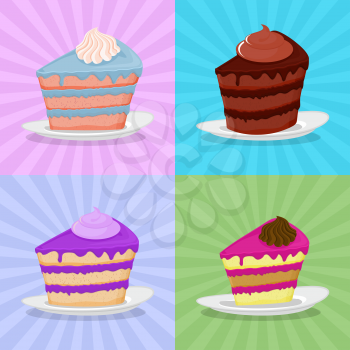 Set a piece of cake on a plate. Cake on a bright background. Strawberry cake. Chocolate cake in a retro style. Vector illustration
