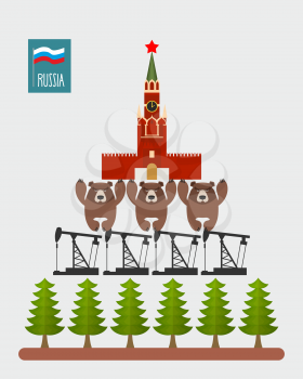 Structure Russia. Moscow Kremlin is based on  three bears. Bears stand on oil rigs. Oil pumps are on forest. Infographic Russian Federation. Vector illustration.
