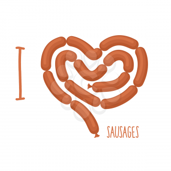 I love sausage. Sausages forming a heart. Delicacy for lovers of Wieners. Food vector illustration
