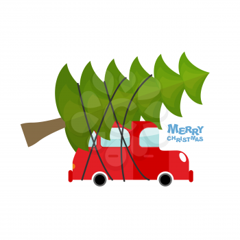 Car carries Christmas tree. Machine and green tree. Merry Christmas. Transport and magic tree for winter holiday. Illustration for Christmas and new year.
