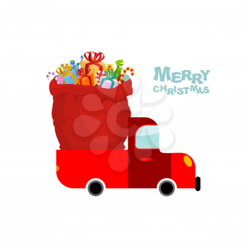 Merry Christmas. Machine carries bag of gifts. Car and Red sack Santa Claus. Christmas Santas transport. Truck and big bag of toys for children.
