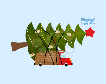 Truck carries Christmas tree. Car and decorated holiday tree. Merry Christmas. Illustration for  new year or Christmas. Machine and magical Christmas tree with red star.
