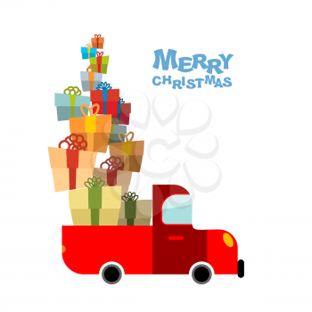 Merry Christmas. Car and lots of gift box. Truck  bunch of holiday gift. Auto carries gifts for children. Illustration for Christmas and new year.
