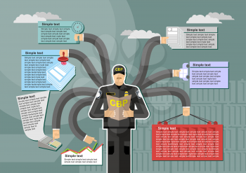 U.S. Customs and Border Protection  infographic Work. .Kntejner, weigh, report. Working time. Man in uniform.