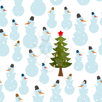 Christmas pattern. Snowman and Christmas tree seamless background. Feast of texture.
