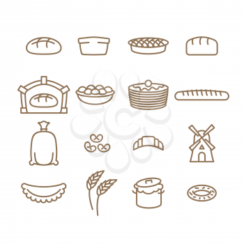 Bread linear icon set. Baking. Bakery products. Muffin and bread. Baton and baguette. And Croissant dough. Mill and sack of flour. Signs for production of baking. Wheatears and donut.
