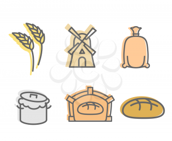 Bread baking Set of icons. Flat signs production of bread. Wheatears and a windmill.  bag with  flour and the dough. Baking bread, bread oven. Finished cake, muffin
