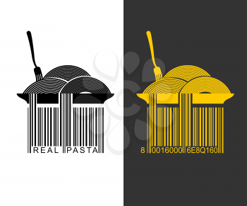 Spaghetti bar code. EAN-13 barcode pasta. Creative mark for packaging pasta. Plate with pasta. Spaghetti hang from plate. Fork and food
