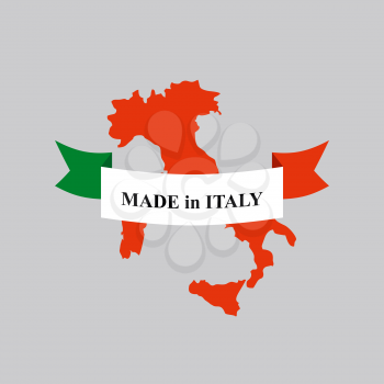 Made in Italy product logo. Map of Italy and Ribbon with colors of Italian flag. Label template for production.

