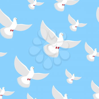 White Dove blue sky seamless pattern. Flying in air white beautiful bird. An endless flock of pigeons in open sky.
