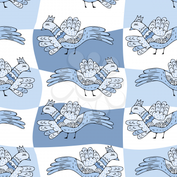  Primitive drawing birds. Cartoon seamless pattern with birds, decorative  background.