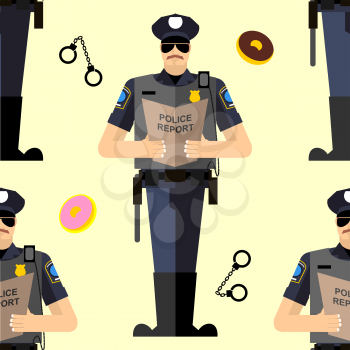 Police Seamless patetrn. Donuts and handcuffed policeman