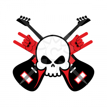 Skull with guitars and rock hand symbol. Logo for rock band. Logo for lovers rock music.