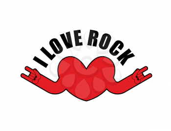 I love rock. Heart with rock hands sign. Symbol for lovers of rock music. Logo for t-shirts rock musicians.