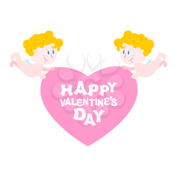 Happy Valentine's day. Two Angels and heart. Symbol of love. Small perky cupids and pink heart. Cupid and hearts on  white background. Logo design for your Valentine.
