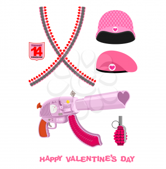 Weapons Cupid Set. Military love accessories. Breaking guarantor with love. Cartridge belt love. Pink helmet and army beret. Love accessories war on February 14. Happy Valentine's day.
