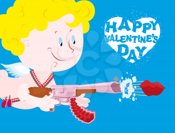 Valentines day. Blue Valentine. Funny Cupid with automatic weapons. Kiss departs from  muzzle of gun. Heavenly little angel with bomb of love. Happy Valentine's day
