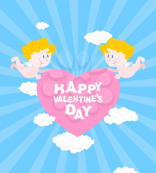 Happy Valentines day. Greeting card for Valentines day - Valentine. Two Angels hold heart. Cute funny cupids and pink heart. Clouds and skies.
