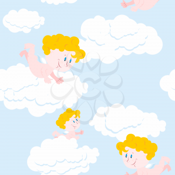 Angel and clouds seamless pattern. Cute little Holy babe. Blue skies and good man texture. Romantic cute ornament for baby tissue.
