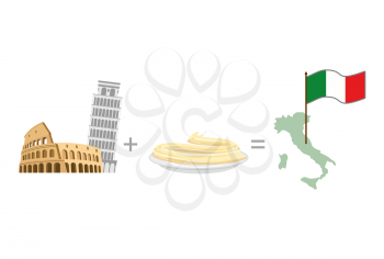 Colosseum and  leaning tower of Pisa plus pasta (Spaghetti). Symbol of Italy. Vector illustration