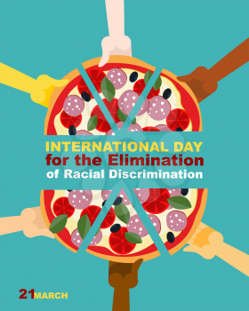 International Day for the Elimination of Racial Discrimination. 21 March. People of different race eating pizza. Vector poster