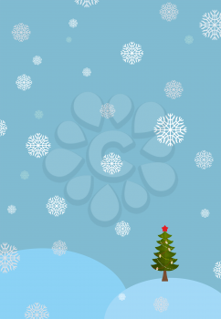 Winter landscape background. Snowdrifts and Christmas tree. Falling snowflakes. New year and Christmas vector illustration

